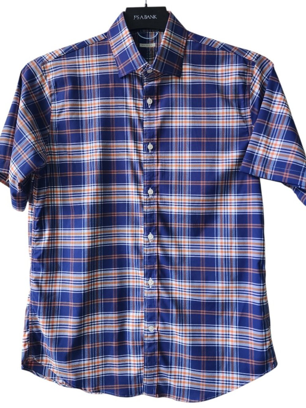 Medium Plaid Shirt Blue Orange White Check Jos A Bank Mens M Size Traveler Nylon